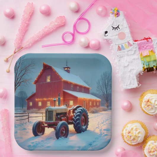 Kerstverlichting op een rode schuur papieren bordje (Feest)