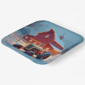 Kerstverlichting op een rode schuur papieren bordje (Gebogen)