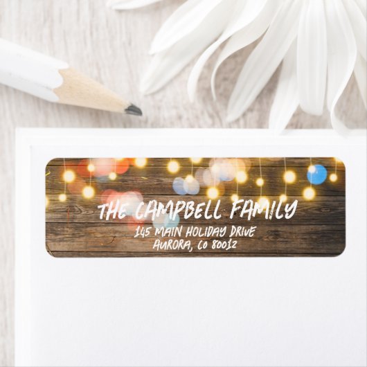 Kerstverlichting op houten retour adreslabel etiket (Insitu)