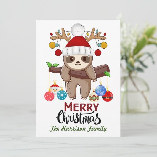 Kerstverlichting op Schattigee luiaard met Santa H Feestdagenkaart (Staand voorkant)