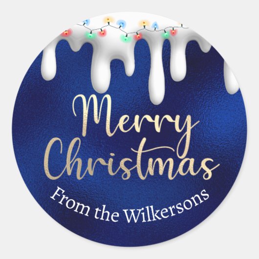 Kerstverlichting op Sneeuw Goud en Blauw Aangepast Ronde Sticker (Voorkant)