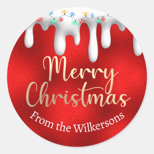 Kerstverlichting op Sneeuw Goud en Rode Douanenaam Ronde Sticker (Voorkant)