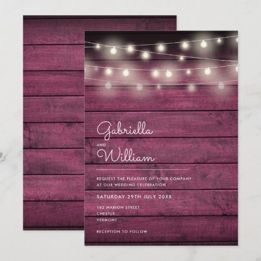Kerstverlichting Rustic Rode Houten Bruiloft Kaart (Voorkant / Achterkant)