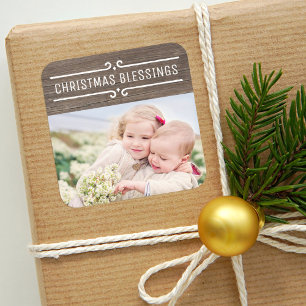 kerstverlichting Rustic Wood Holiday Foto Vierkante Sticker