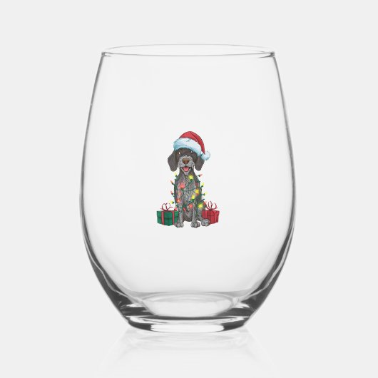Kerstverlichting Santa Duitse Wirehaired Pointer D Wijnglas Zonder Voet (Voorkant)