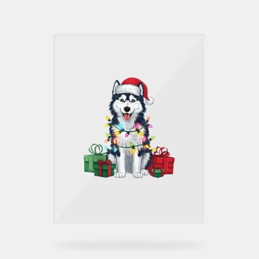 Kerstverlichting Santa Hat Alaskan Husky Dog Kerst Acryl Bord (Voorkant)
