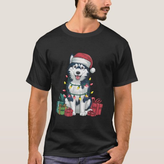 Kerstverlichting Santa Hat Alaskan Husky Dog Kerst T-shirt (Voorkant)