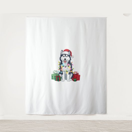 Kerstverlichting Santa Hat Alaskan Husky Dog Kerst Wandkleed (Voorkant)