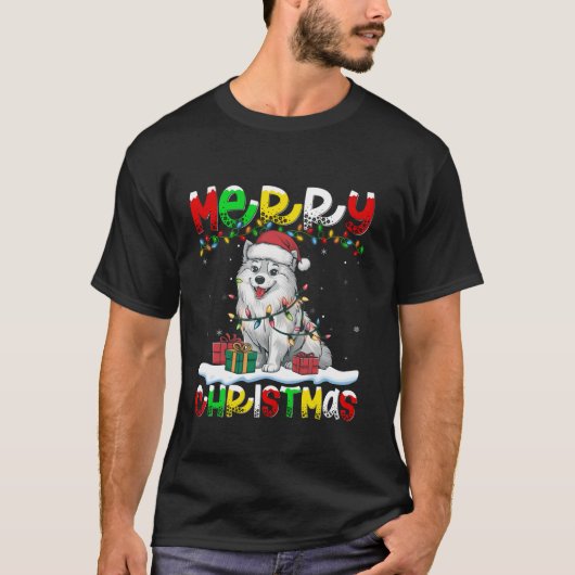 Kerstverlichting Santa Hat American Eskimo Dog Mer T-shirt (Voorkant)