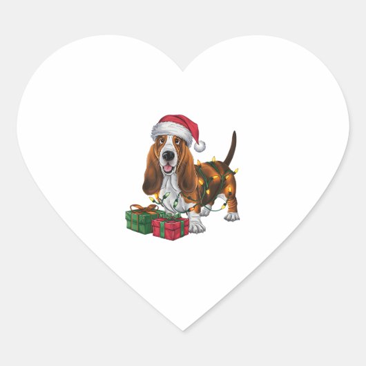 Kerstverlichting Santa Hat Basset Hound Dog Christ Hart Sticker (Voorkant)
