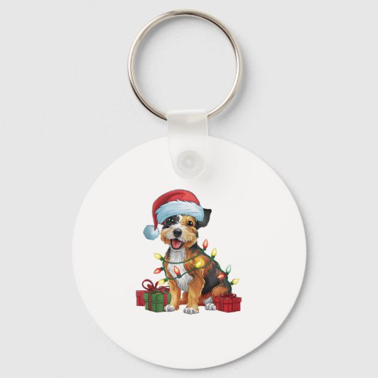 Kerstverlichting Santa Hat Border Terrier Dog Kers Sleutelhanger (Voorkant)