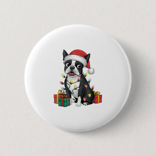 Kerstverlichting Santa Hat Boston Terrier Dog Kers Ronde Button 5,7 Cm