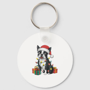 Kerstverlichting Santa Hat Boston Terrier Dog Kers Sleutelhanger