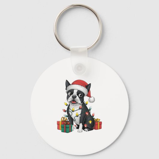 Kerstverlichting Santa Hat Boston Terrier Dog Kers Sleutelhanger (Voorkant)