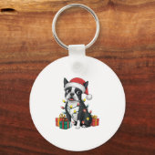 Kerstverlichting Santa Hat Boston Terrier Dog Kers Sleutelhanger (Voorkant)