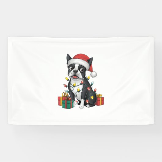 Kerstverlichting Santa Hat Boston Terrier Dog Kers Spandoek (Horizontaal)