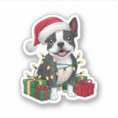 Kerstverlichting Santa Hat Boston Terrier Dog Kers Sticker (Voorkant)