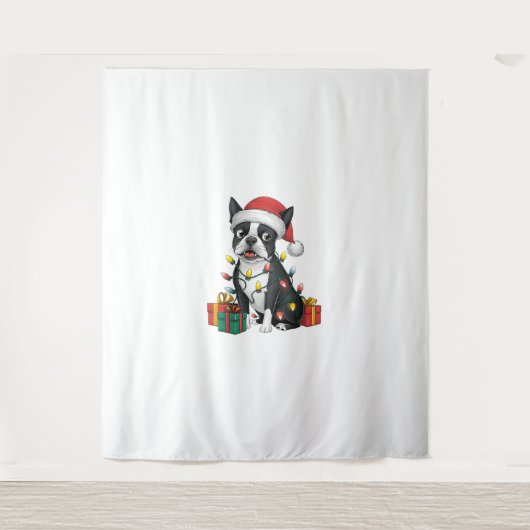 Kerstverlichting Santa Hat Boston Terrier Dog Kers Wandkleed (Voorkant)