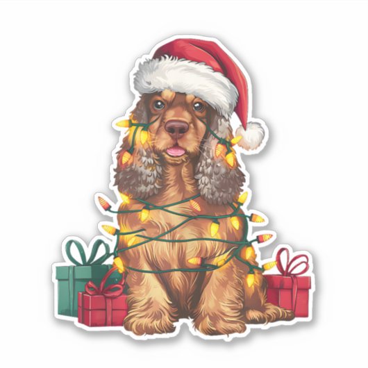 Kerstverlichting Santa Hat Cocker Spaniel Hond Ker Sticker (Voorkant)