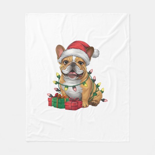 Kerstverlichting Santa Hat Franse Bulldog Kerstmis Fleece Deken (Voorkant)