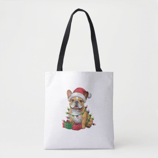 Kerstverlichting Santa Hat Franse Bulldog Kerstmis Tote Bag (Voorkant)