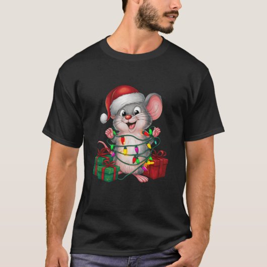 Kerstverlichting Santa Hat Mouse Kerstmis T-shirt (Voorkant)
