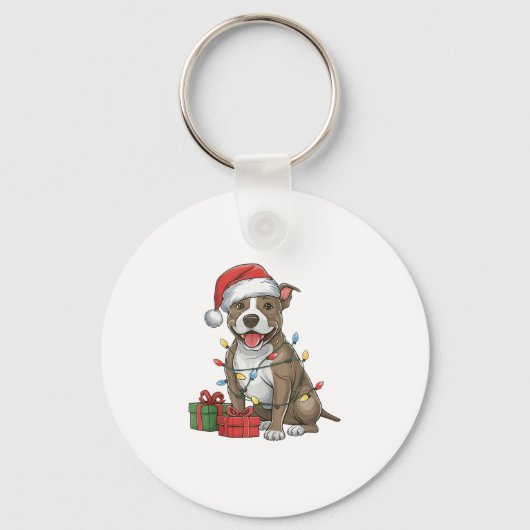 Kerstverlichting Santa Hat Pitbull Terrier Dog Chr Sleutelhanger (Voorkant)