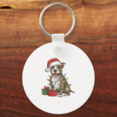 Kerstverlichting Santa Hat Pitbull Terrier Dog Chr Sleutelhanger (Voorkant)