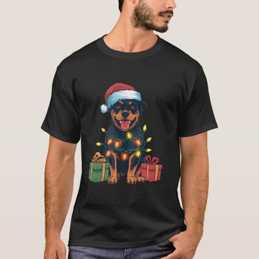 Kerstverlichting Santa Hat Rottweiler Hondenkerst T-shirt (Voorkant)