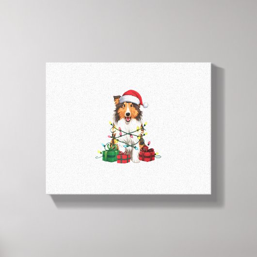 Kerstverlichting Santa Hat Rough Collie Dog Kerstm Canvas Afdruk (Voorkant)