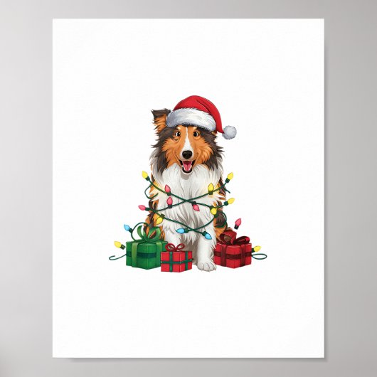 Kerstverlichting Santa Hat Rough Collie Dog Kerstm Poster (Voorkant)