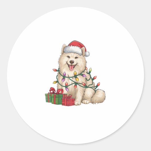 Kerstverlichting Santa Hat Samoyed Dog Kerstmis Ronde Sticker (Voorkant)