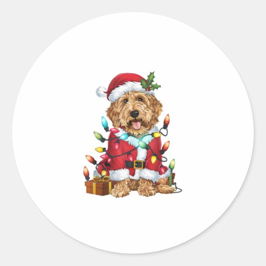 Kerstverlichting Santa Labradoodle Hond Kerstmis Ronde Sticker (Voorkant)