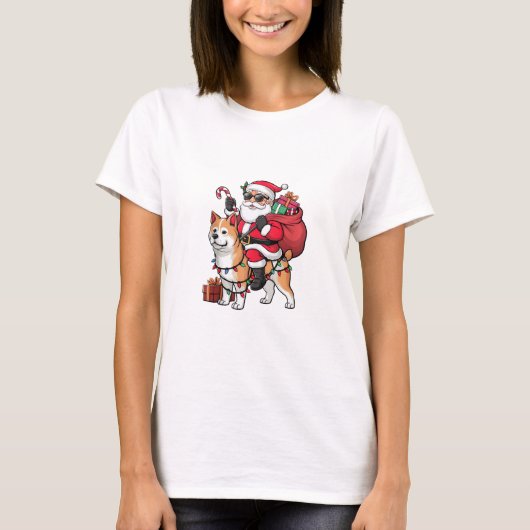 Kerstverlichting Santa Riding Akita Inu Dog Christ T-shirt (Voorkant)