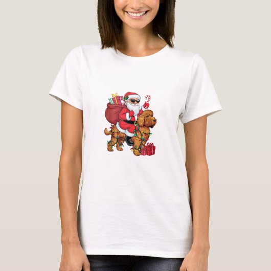 Kerstverlichting Santa Riding Cockapoo Dog Christm T-shirt (Voorkant)