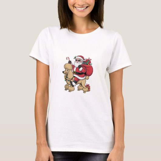 Kerstverlichting Santa Riding Poedel Hond Kerstmis T-shirt (Voorkant)