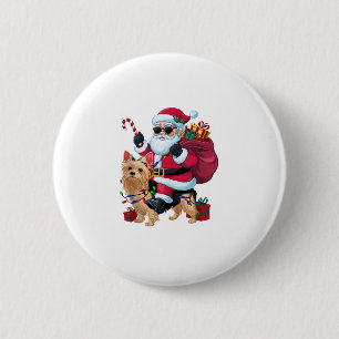 Kerstverlichting Santa Riding Yorkie Dog Kerstmis Ronde Button 5,7 Cm