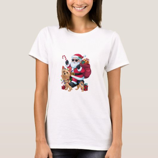 Kerstverlichting Santa Riding Yorkie Dog Kerstmis T-shirt (Voorkant)