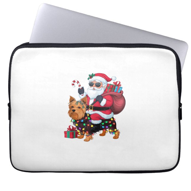 Kerstverlichting Santa Riding Yorkshire Terriër Ho Laptop Sleeve (Voorkant)