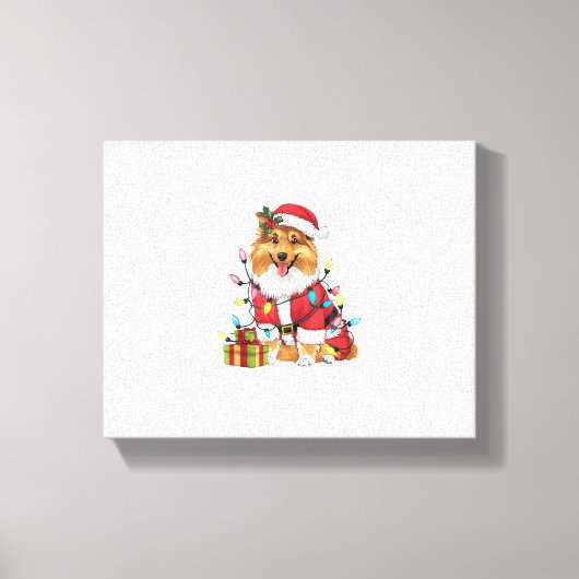Kerstverlichting Santa Sheltie Dog Kerstmis Canvas Afdruk (Voorkant)