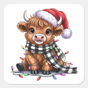 Kerstverlichting Schotse Hooglander Kerstman Hoed Vierkante Sticker