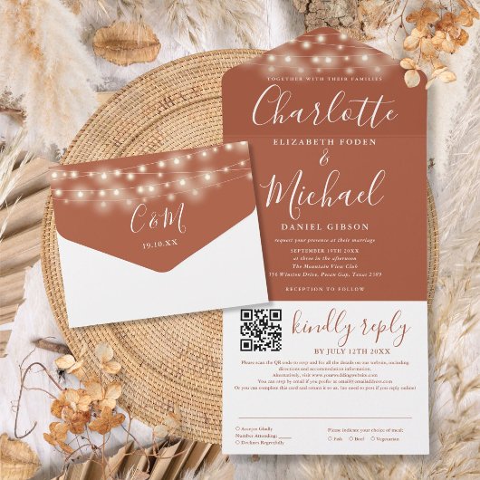 Kerstverlichting Terracotta Script QR Code Trouwen All In One Uitnodiging