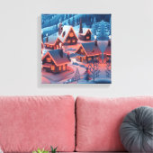 Kerstverlichting versierd met sneeuw bedekt dorp H Canvas Afdruk (Insitu (Woonkamer))