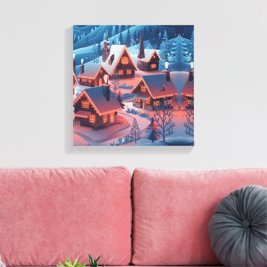 Kerstverlichting versierd met sneeuw bedekt dorp H Canvas Afdruk (Insitu (Woonkamer))