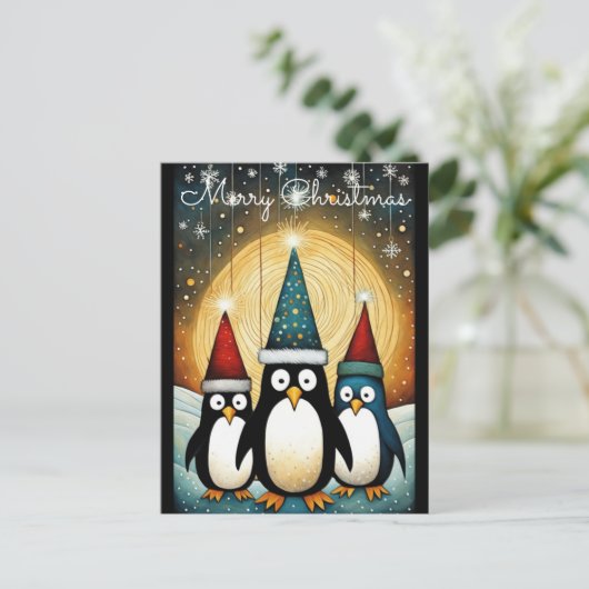 Kerstverlichting Volle Maan Kerstman Pinguïn Kerst Feestdagenkaart (Staand voorkant)