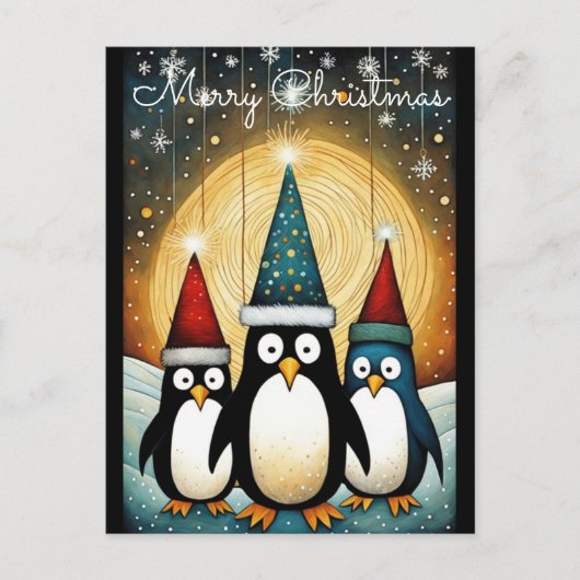 Kerstverlichting Volle Maan Kerstman Pinguïn Kerst Feestdagenkaart (Voorkant)