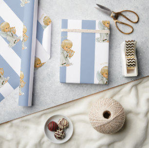 Kerstverpakking Blauw & Wit Streep Engel Baby Cadeaupapier