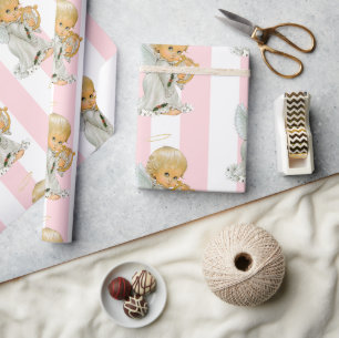 Kerstverpakking Roze & Witte Streep Engel Baby Cadeaupapier