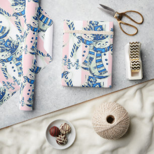 Kerstverpakking Roze & Witte Streep Sneeuwman Cadeaupapier