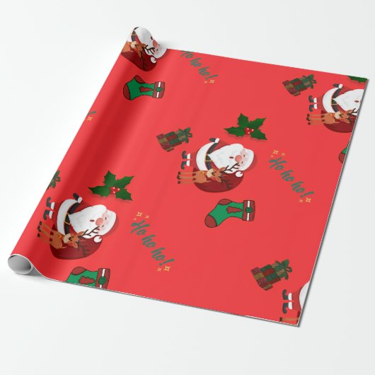 Kerstverpakkings papier met leuke Kerstman en rend (Uitgerold)